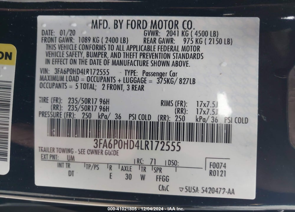 2020 FORD FUSION SE VIN: 3FA6P0HD4LR172555
