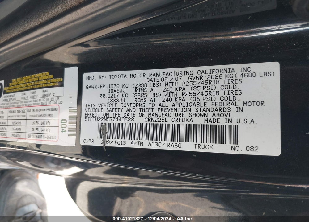 2007 TOYOTA TACOMA VIN: 5TETU22N57Z440523