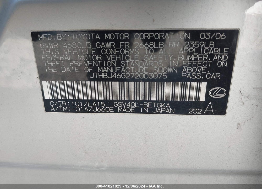 2007 LEXUS ES 350 VIN: JTHBJ46G272003075