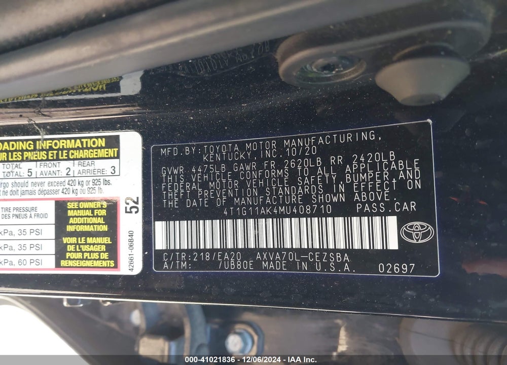 2021 TOYOTA CAMRY VIN: 4T1G11AK4MU408710
