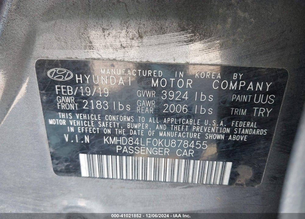 2019 HYUNDAI ELANTRA SEL VIN: KMHD84LF0KU878455