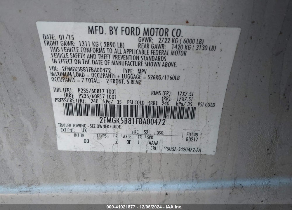 2015 FORD FLEX SE VIN: 2FMGK5B81FBA00472