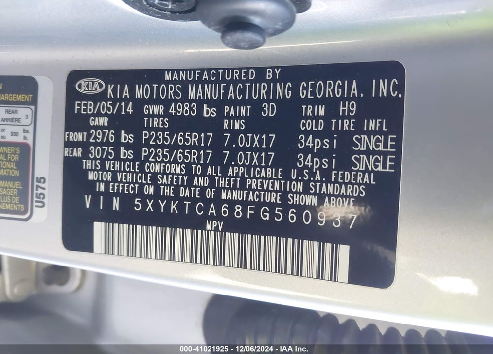2015 KIA SORENTO LX VIN: 5XYKTCA68FG560937