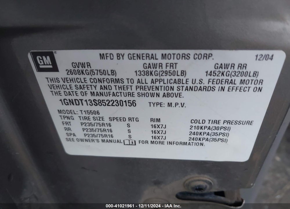 2005 CHEVROLET TRAILBLAZER LS VIN: 1GNDT13S852230156