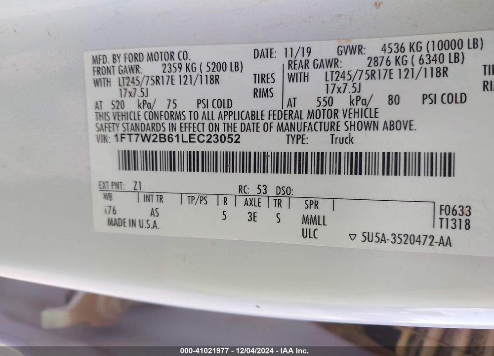 2020 FORD F-250 XL VIN: 1FT7W2B61LEC23052