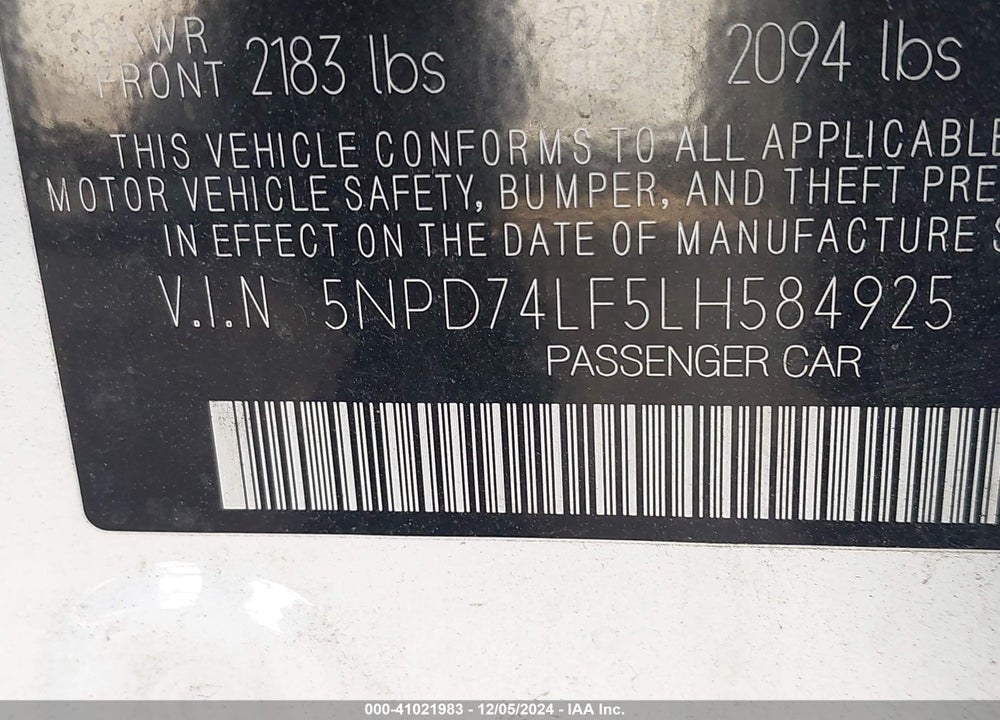 2020 HYUNDAI ELANTRA SE VIN: 5NPD74LF5LH584925