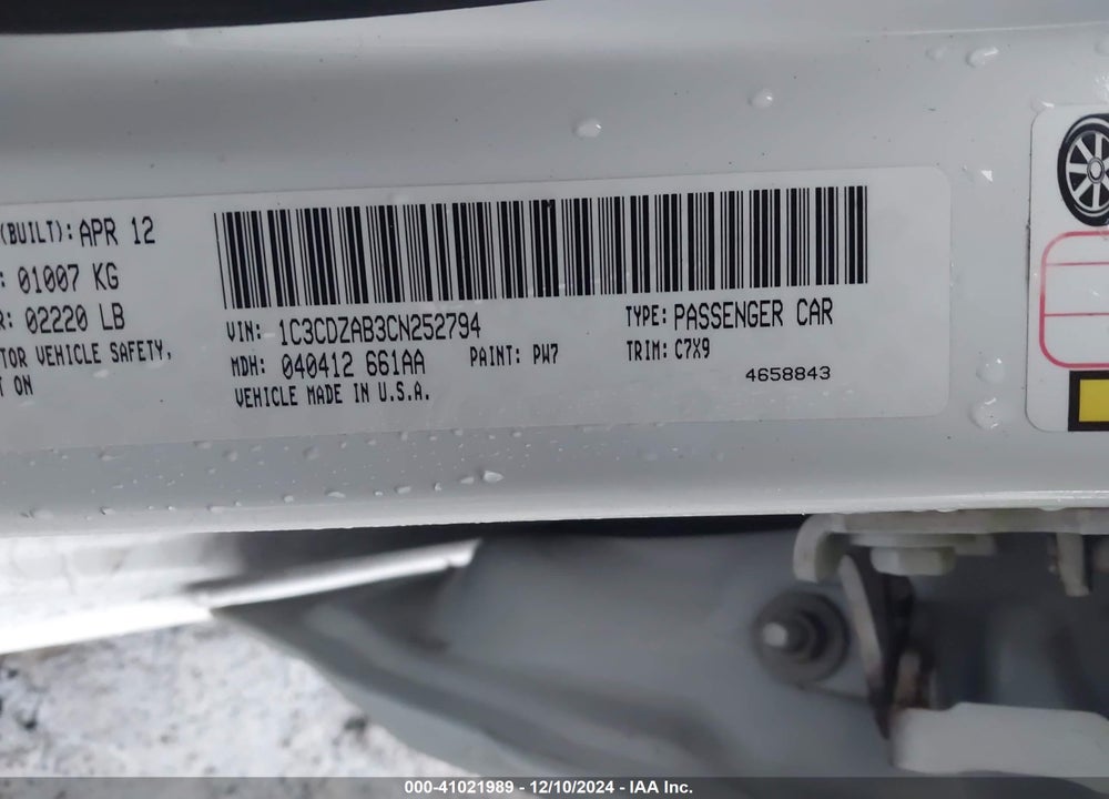 2012 DODGE AVENGER SE VIN: 1C3CDZAB3CN252794