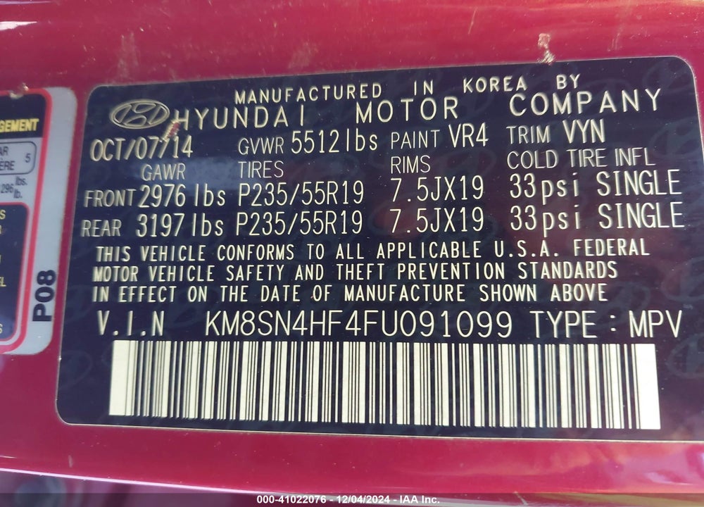 2015 HYUNDAI SANTA FE GLS VIN: KM8SN4HF4FU091099