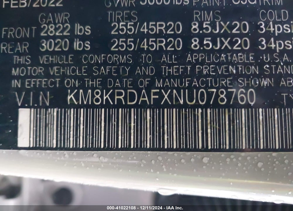 2022 HYUNDAI IONIQ 5 LIMITED VIN: KM8KRDAFXNU078760
