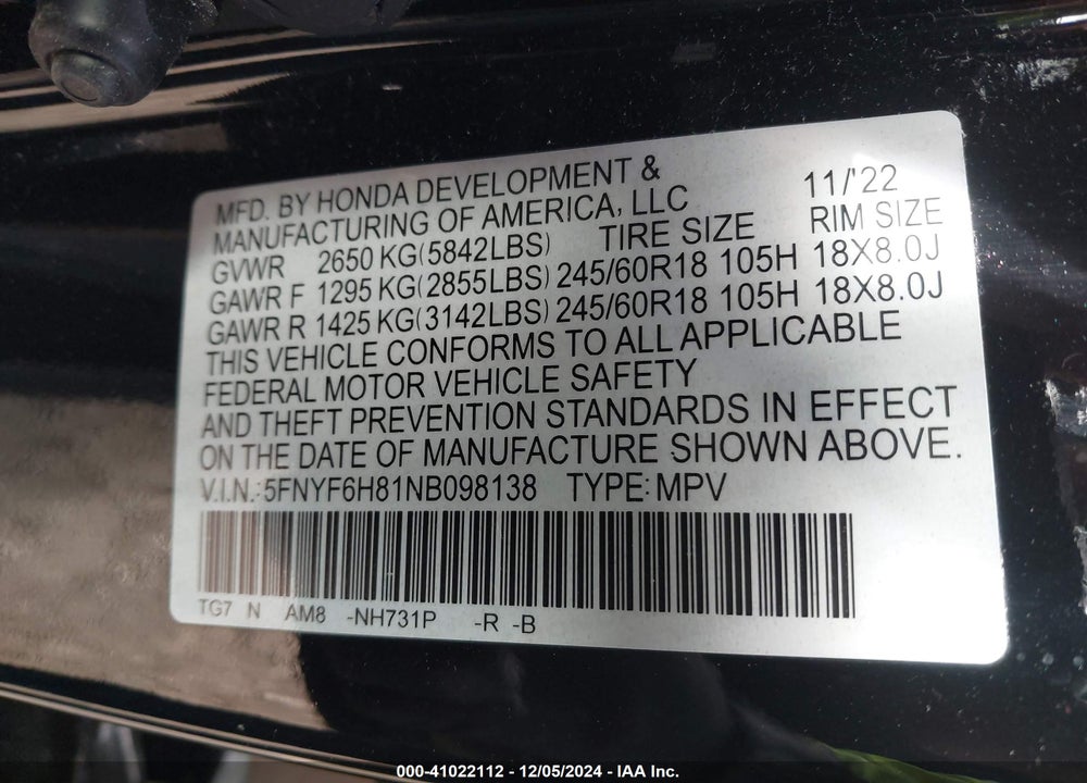 2022 HONDA PILOT AWD TRAILSPORT VIN: 5FNYF6H81NB098138