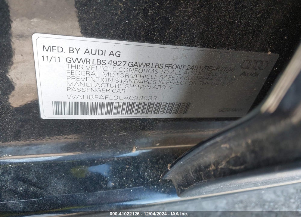 2012 AUDI A4 2.0T PREMIUM VIN: WAUBFAFL0CA093533