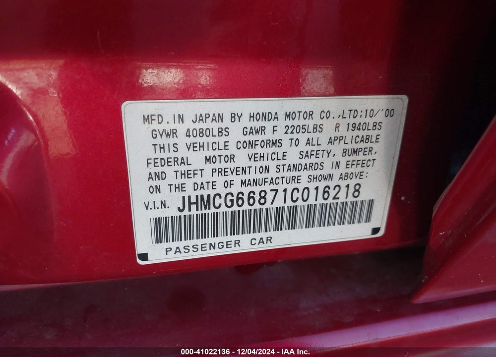 2001 HONDA ACCORD 2.3 EX VIN: JHMCG66871C016218