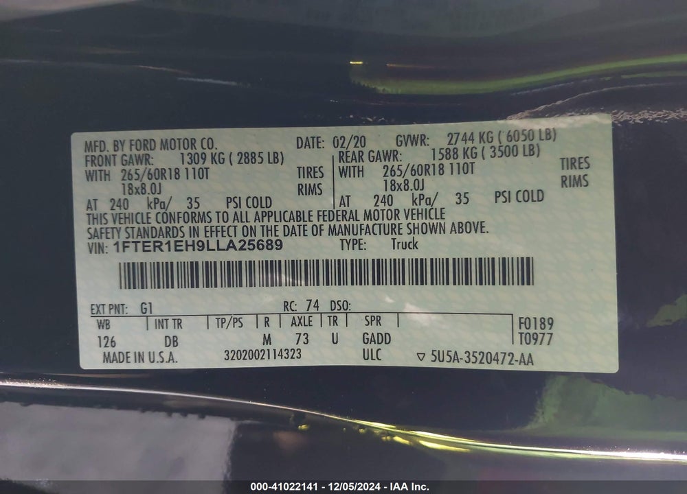 2020 FORD RANGER LARIAT VIN: 1FTER1EH9LLA25689
