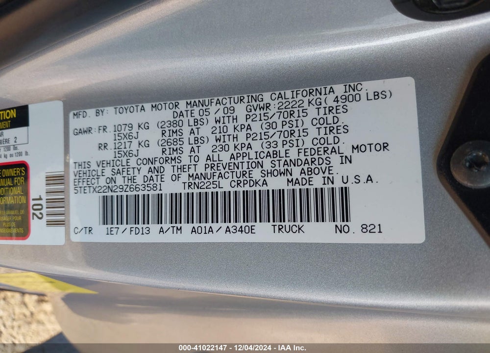 2009 TOYOTA TACOMA VIN: 5TETX22N29Z663581