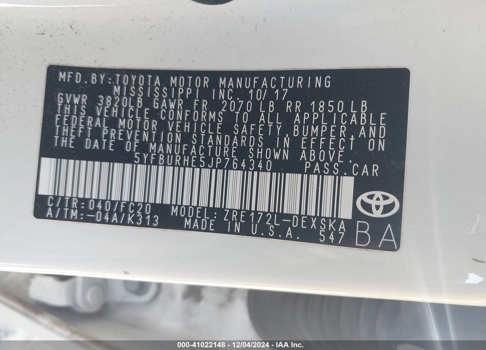 2018 TOYOTA COROLLA VIN: 5YFBURHE5JP764340