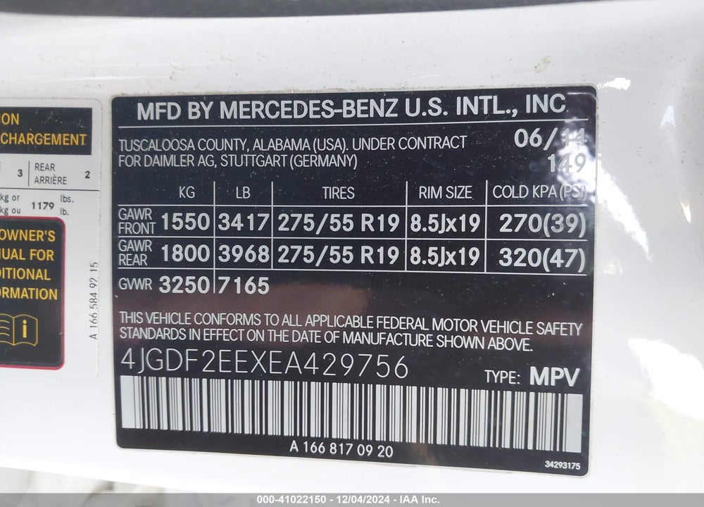 2014 MERCEDES-BENZ GL 350 BLUETEC 4MATIC VIN: 4JGDF2EEXEA429756