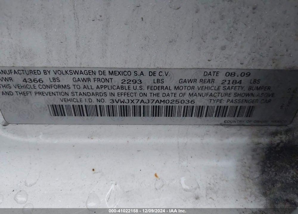 2010 VOLKSWAGEN JETTA S VIN: 3VWJX7AJ7AM025036