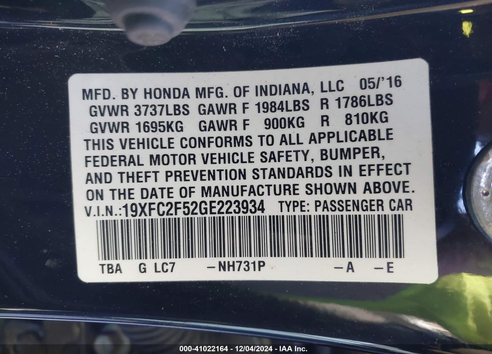 2016 HONDA CIVIC LX VIN: 19XFC2F52GE223934