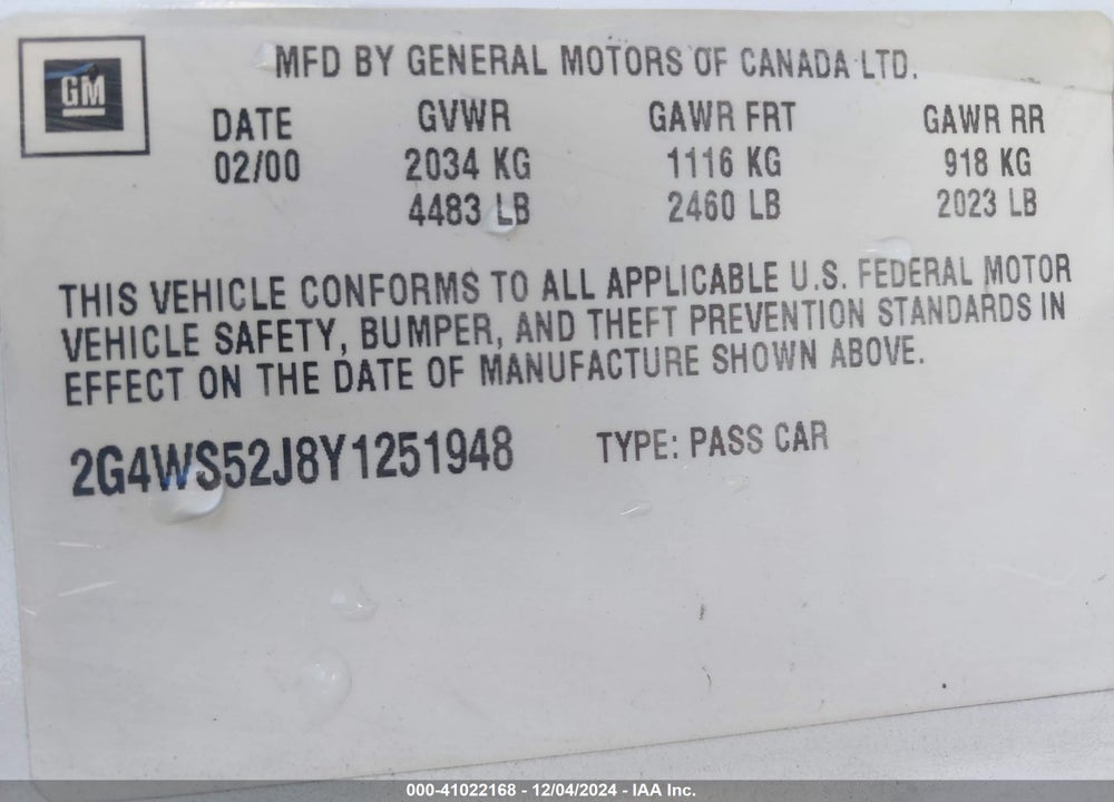 2000 BUICK CENTURY CUSTOM VIN: 2G4WS52J8Y1251948