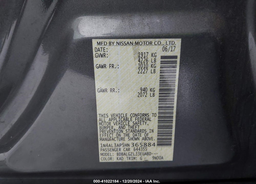 2017 NISSAN ALTIMA VIN: 1N4AL3AP5HN365884