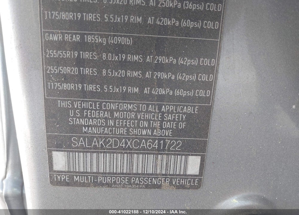 2012 LAND ROVER LR4 VIN: SALAK2D4XCA641722