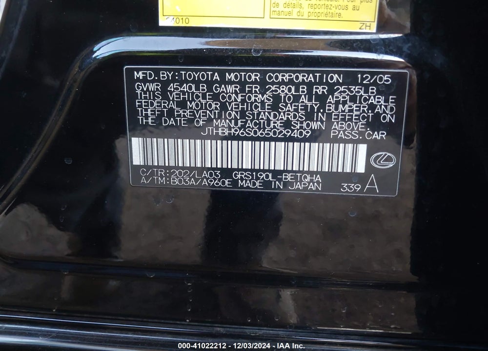2006 LEXUS GS 300 VIN: JTHBH96S065029409