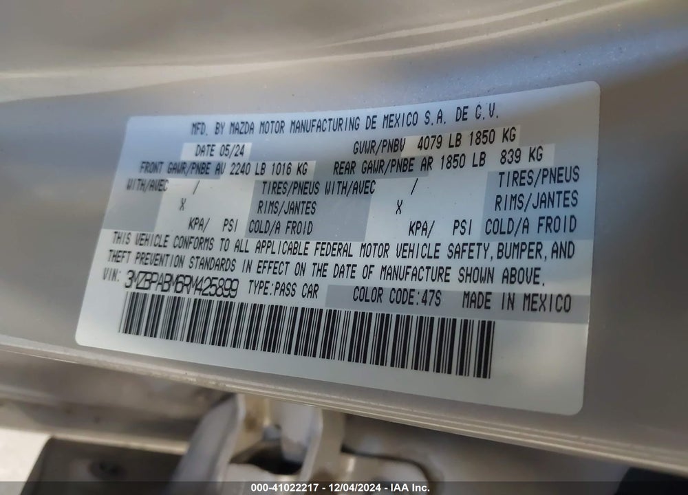2024 MAZDA 3 2.5 S SELECT SPORT VIN: 3MZBPABM6RM425899