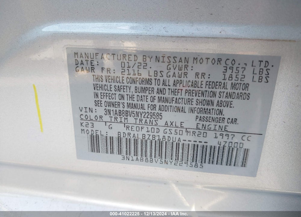 2022 NISSAN SENTRA S XTRONIC CVT VIN: 3N1AB8BV5NY229585