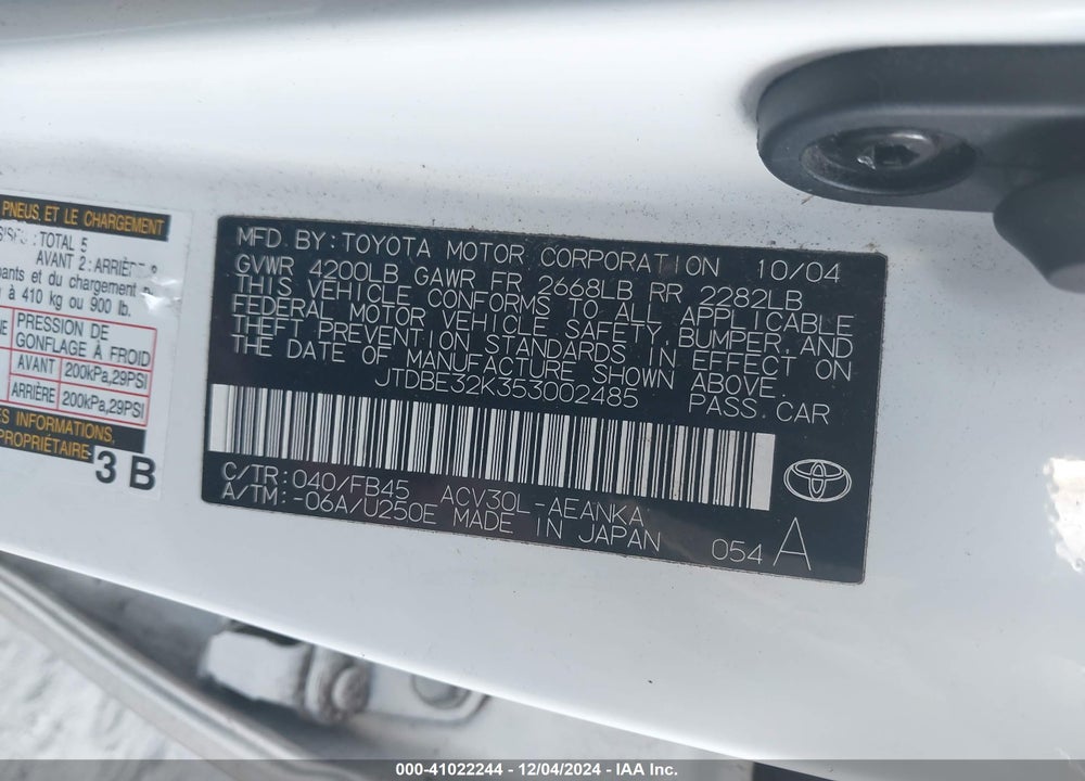 2005 TOYOTA CAMRY LE/SE/STD/XLE VIN: JTDBE32K353002485