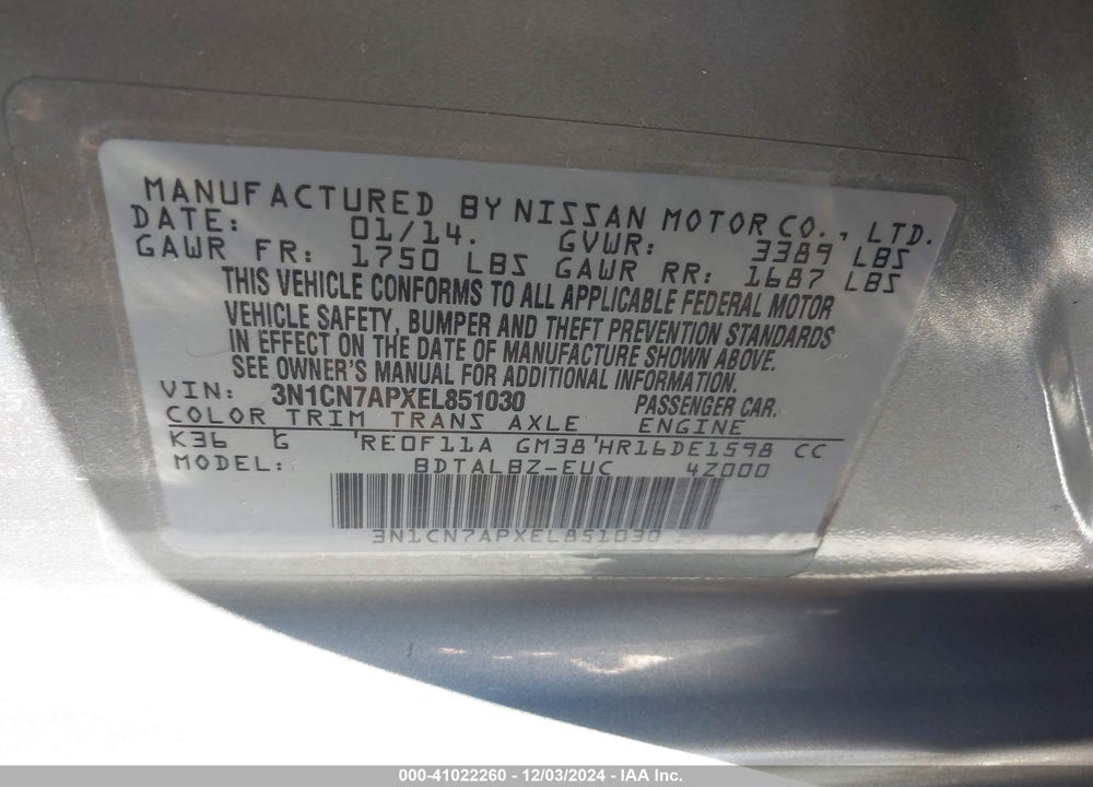 2014 NISSAN VERSA 1.6 SV VIN: 3N1CN7APXEL851030
