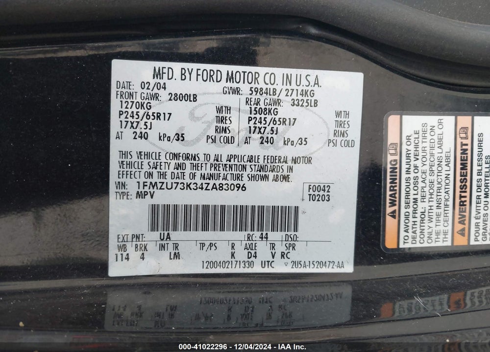 2004 FORD EXPLORER NBX/XLT VIN: 1FMZU73K34ZA83096