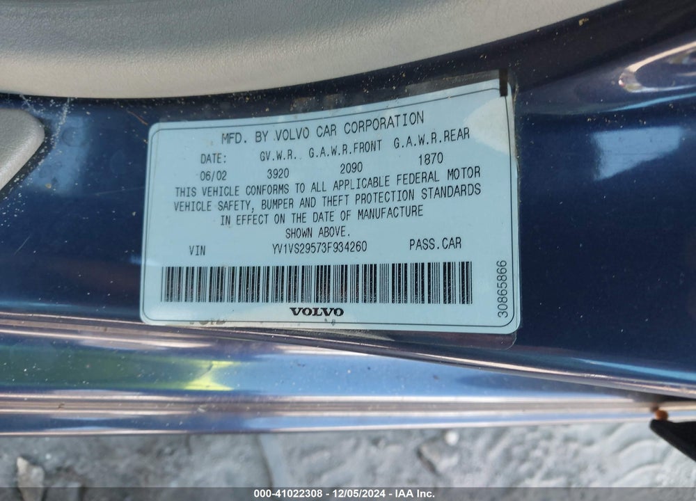2003 VOLVO S40 A VIN: YV1VS29573F934260