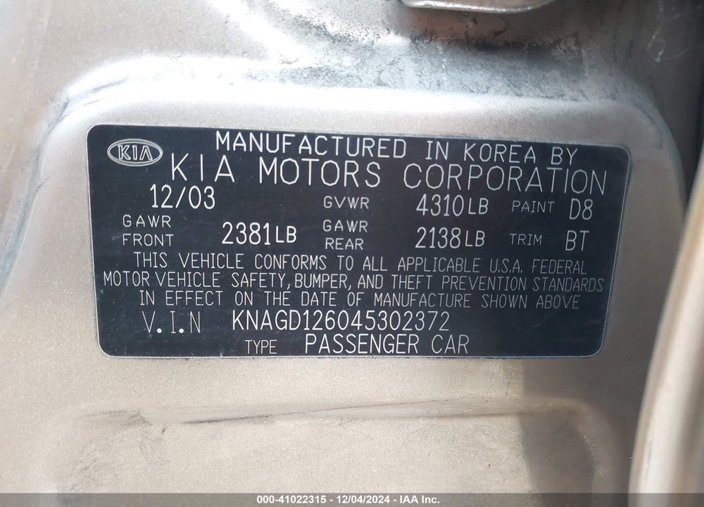 2004 KIA OPTIMA EX/LX VIN: KNAGD126045302372