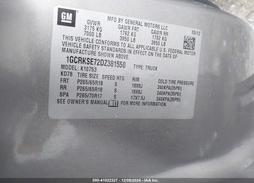 2013 CHEVROLET SILVERADO 1500 LT VIN: 1GCRKSE72DZ381550