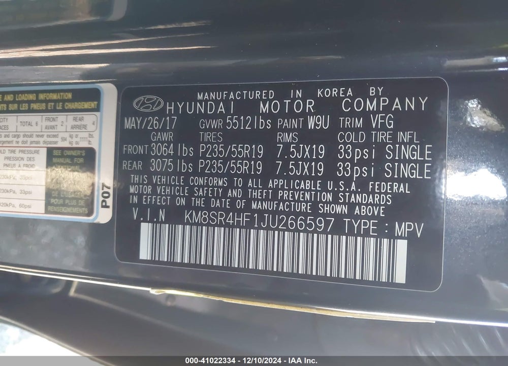 2018 HYUNDAI SANTA FE LIMITED ULTIMATE VIN: KM8SR4HF1JU266597