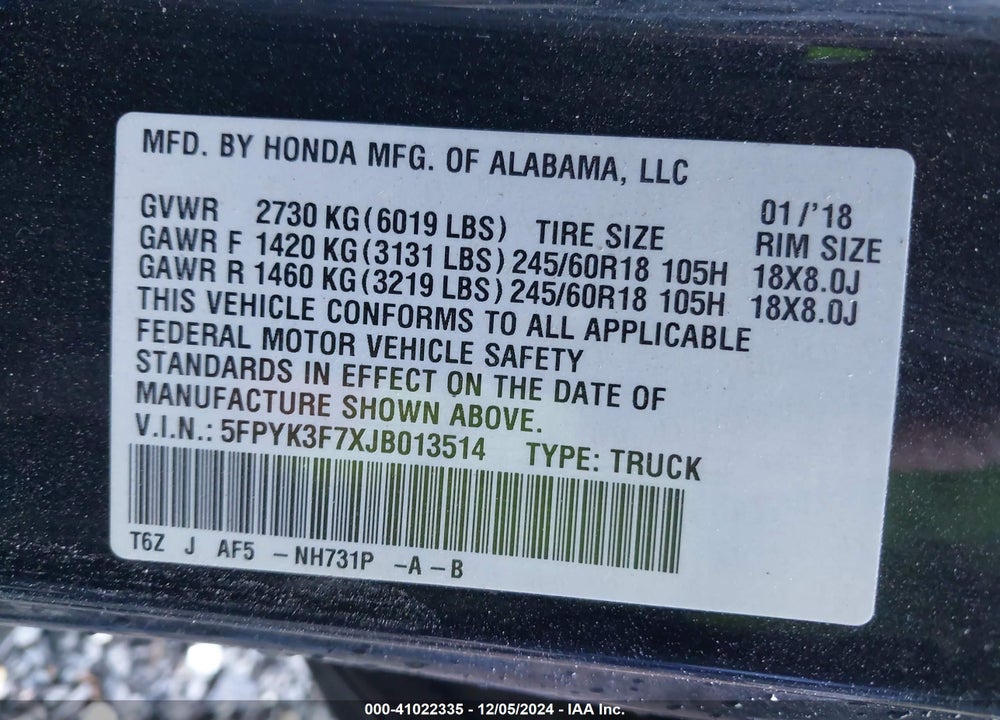 2018 HONDA RIDGELINE RTL-E VIN: 5FPYK3F7XJB013514