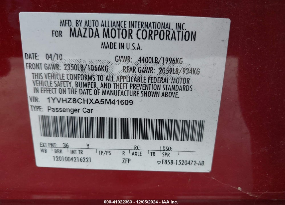 2010 MAZDA 6 I TOURING VIN: 1YVHZ8CHXA5M41609