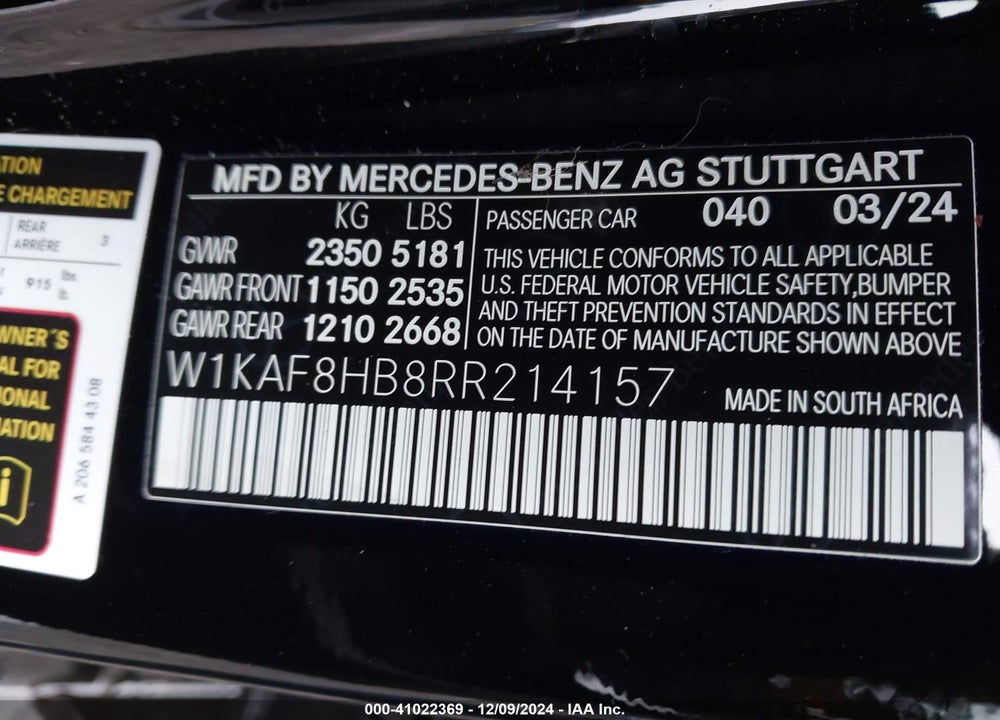 2024 MERCEDES-BENZ AMG C 43 VIN: W1KAF8HB8RR214157