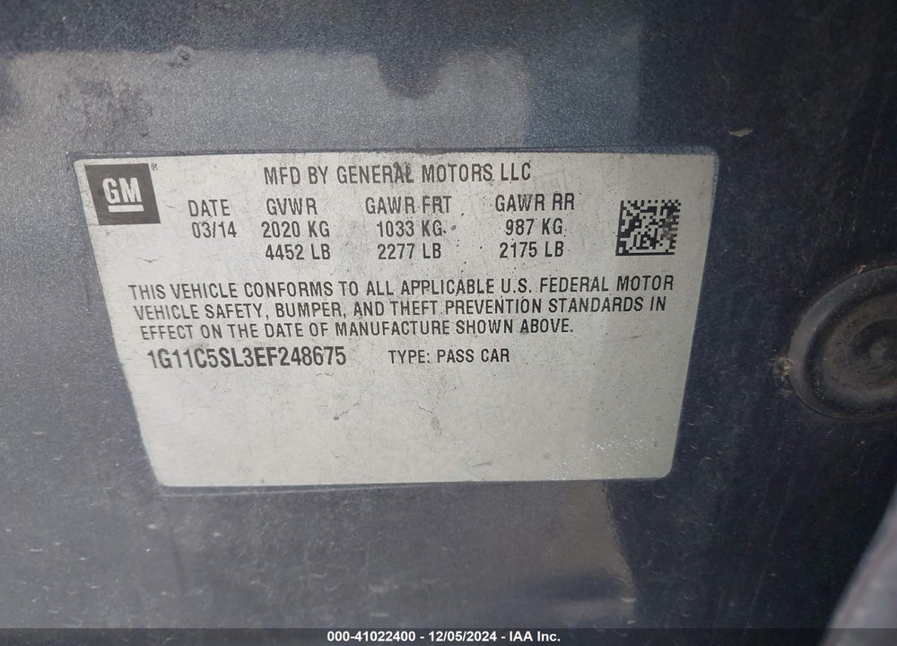 2014 CHEVROLET MALIBU 1LT VIN: 1G11C5SL3EF248675
