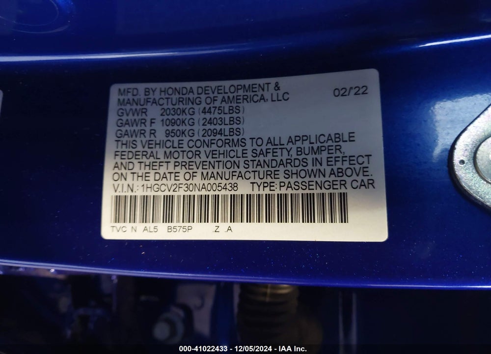 2022 HONDA ACCORD SPORT 2.0T VIN: 1HGCV2F30NA005438