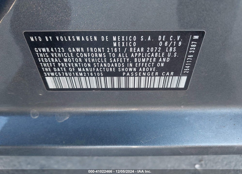 2019 VOLKSWAGEN JETTA 1.4T R-LINE/1.4T S/1.4T SE VIN: 3VWC57BU1KM216105