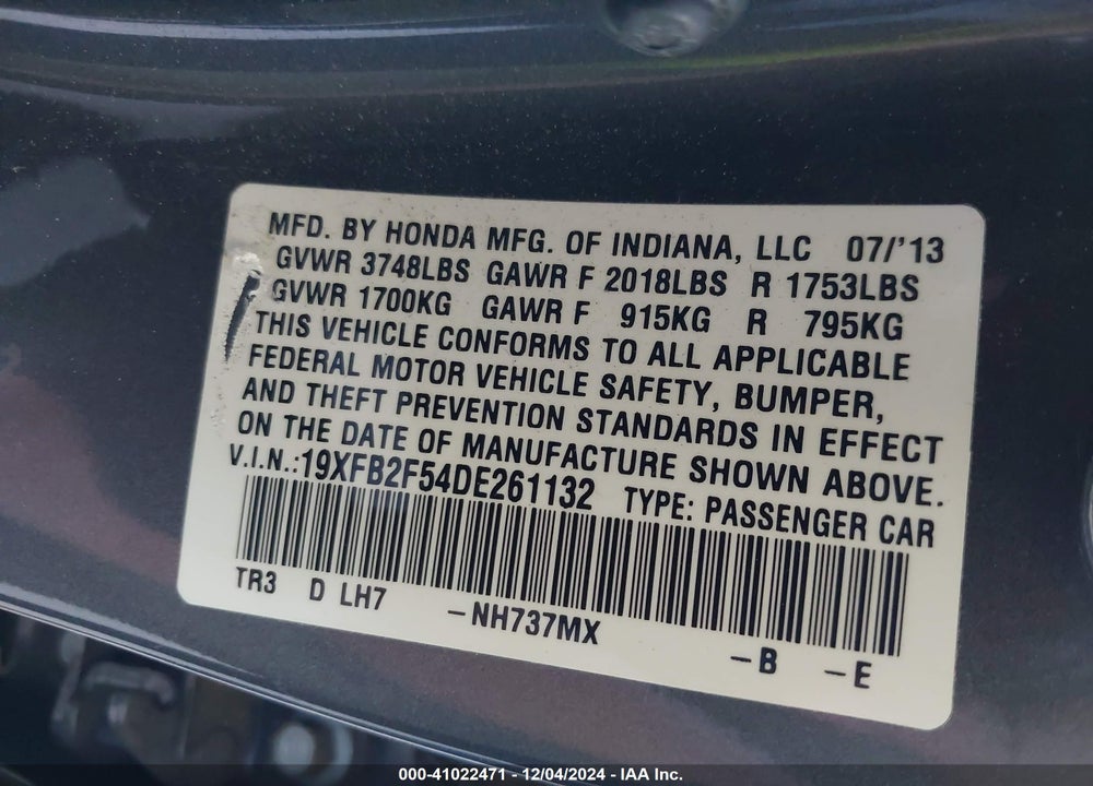 2013 HONDA CIVIC LX VIN: 19XFB2F54DE261132