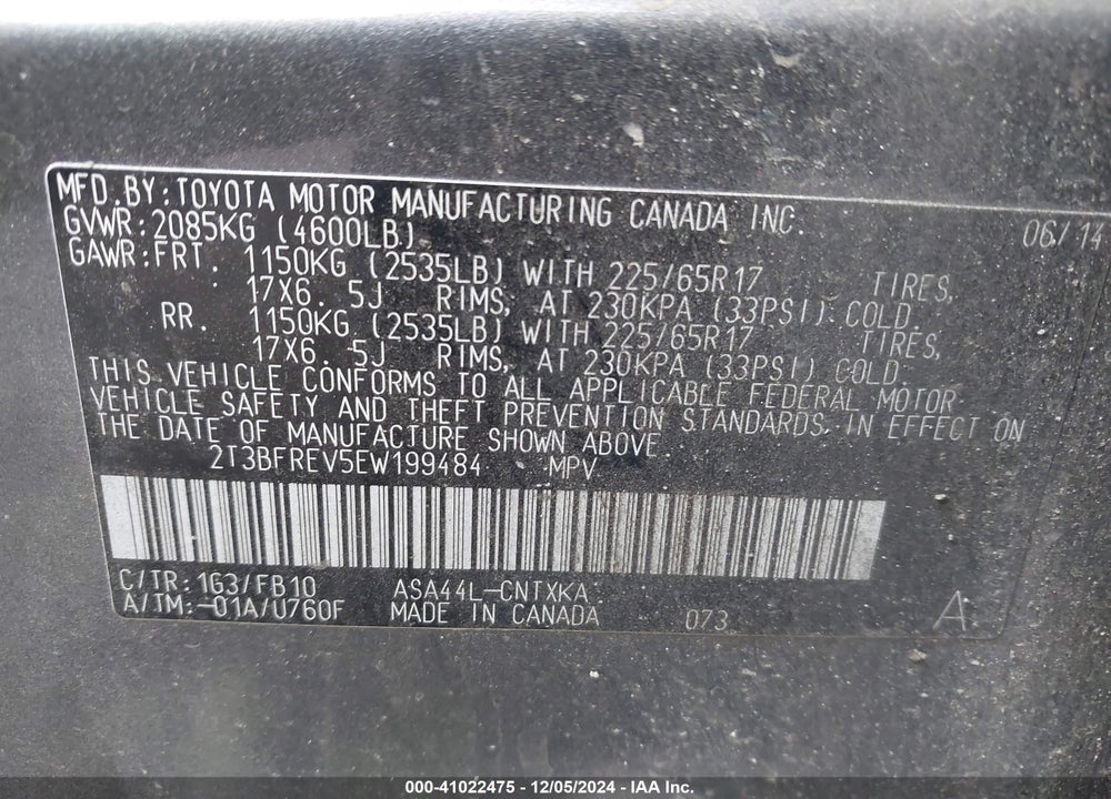 2014 TOYOTA RAV4 VIN: 2T3BFREV5EW199484