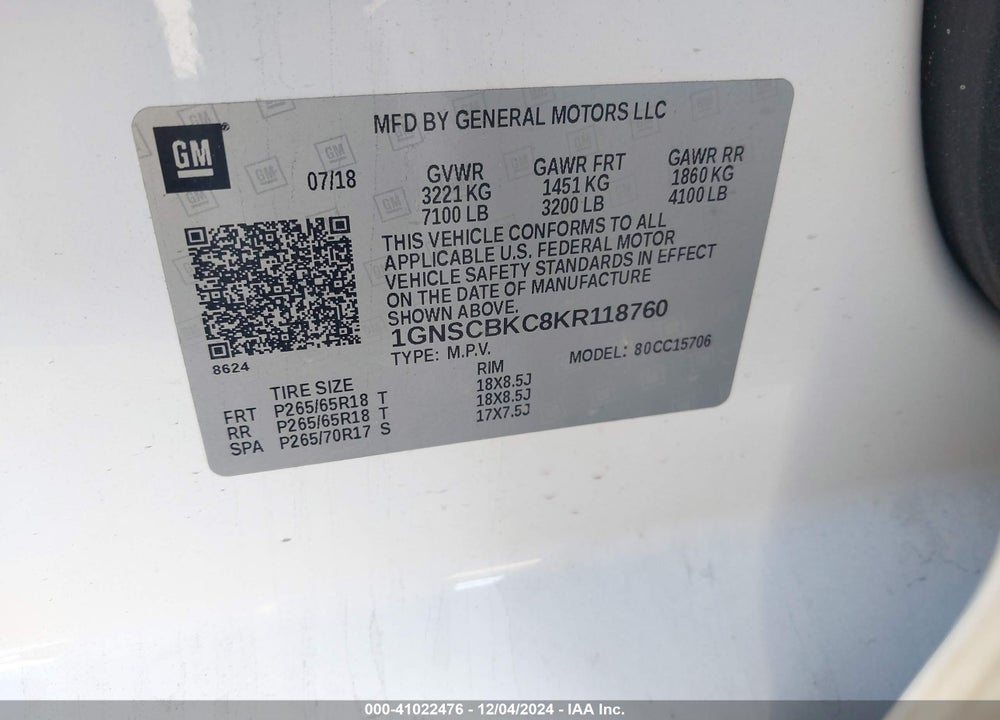 2019 CHEVROLET TAHOE LT VIN: 1GNSCBKC8KR118760