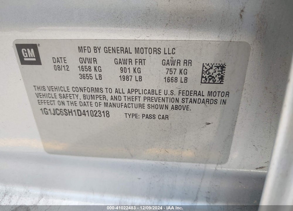 2013 CHEVROLET SONIC LT AUTO VIN: 1G1JC6SH1D4102318