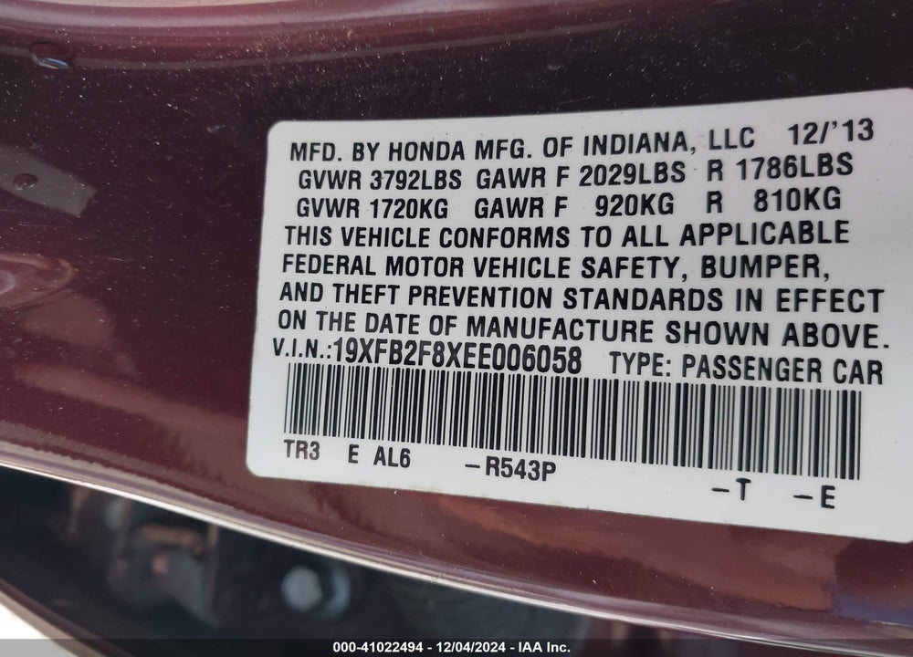 2014 HONDA CIVIC EX VIN: 19XFB2F8XEE006058