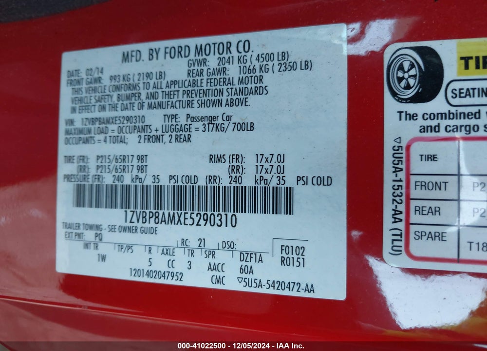 2014 FORD MUSTANG V6 VIN: 1ZVBP8AMXE5290310