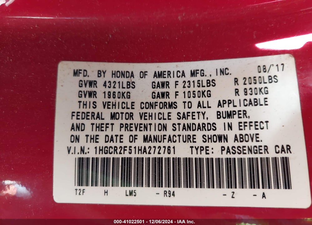 2017 HONDA ACCORD VIN: 1HGCR2F51HA272761