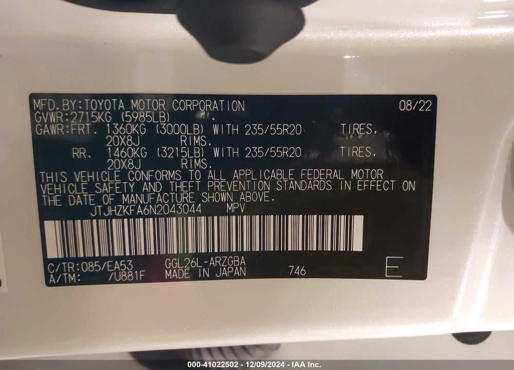 2022 LEXUS RX 350L VIN: JTJHZKFA6N2043044