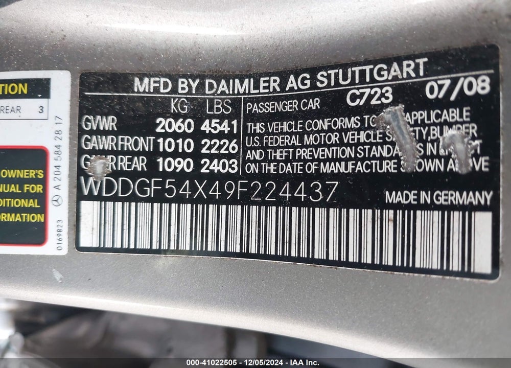 2009 MERCEDES-BENZ C 300 LUXURY/SPORT VIN: WDDGF54X49F224437